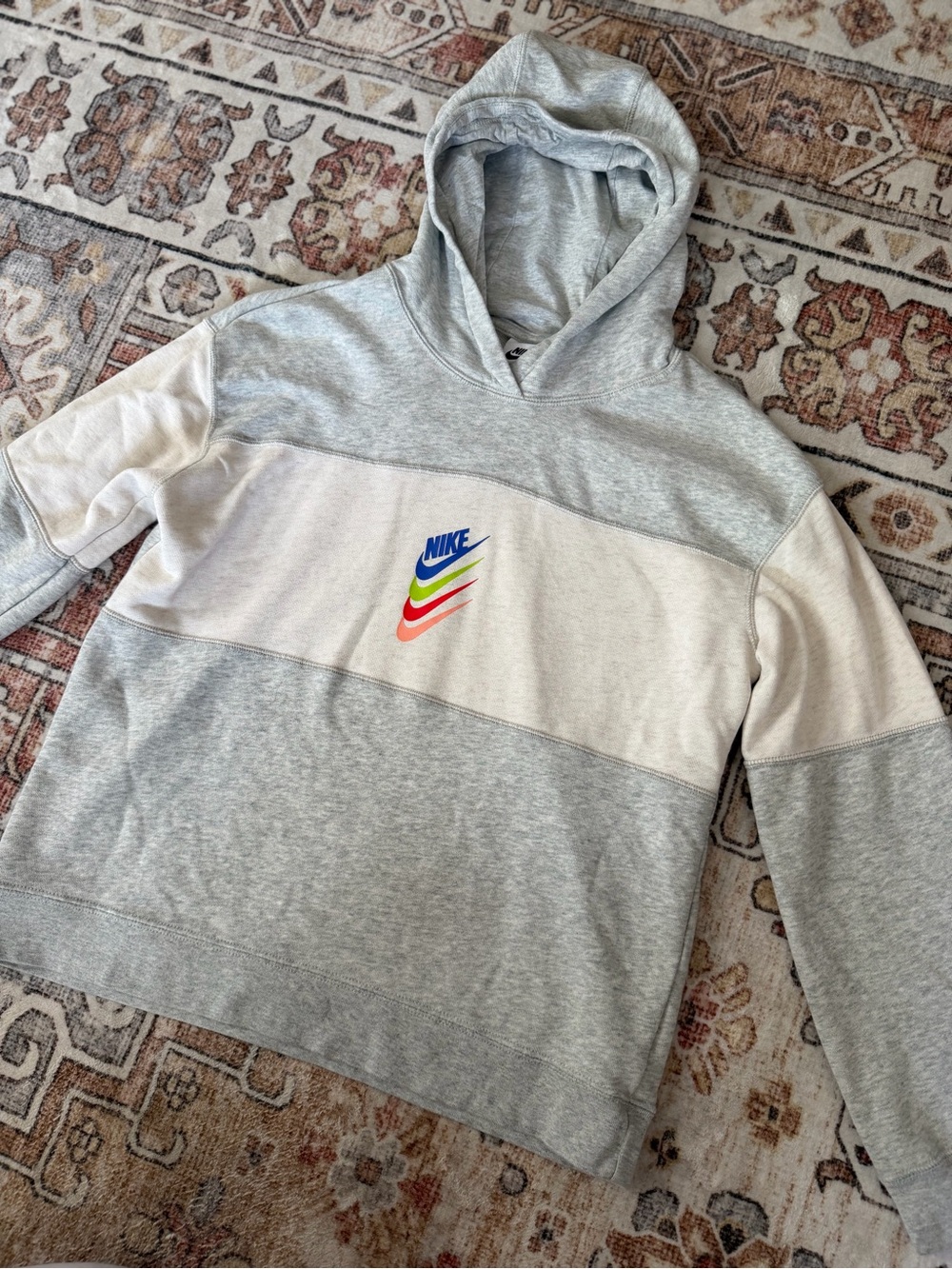 Nike Light Gray and White Colorblock Hoodie with Multicolor Swoosh